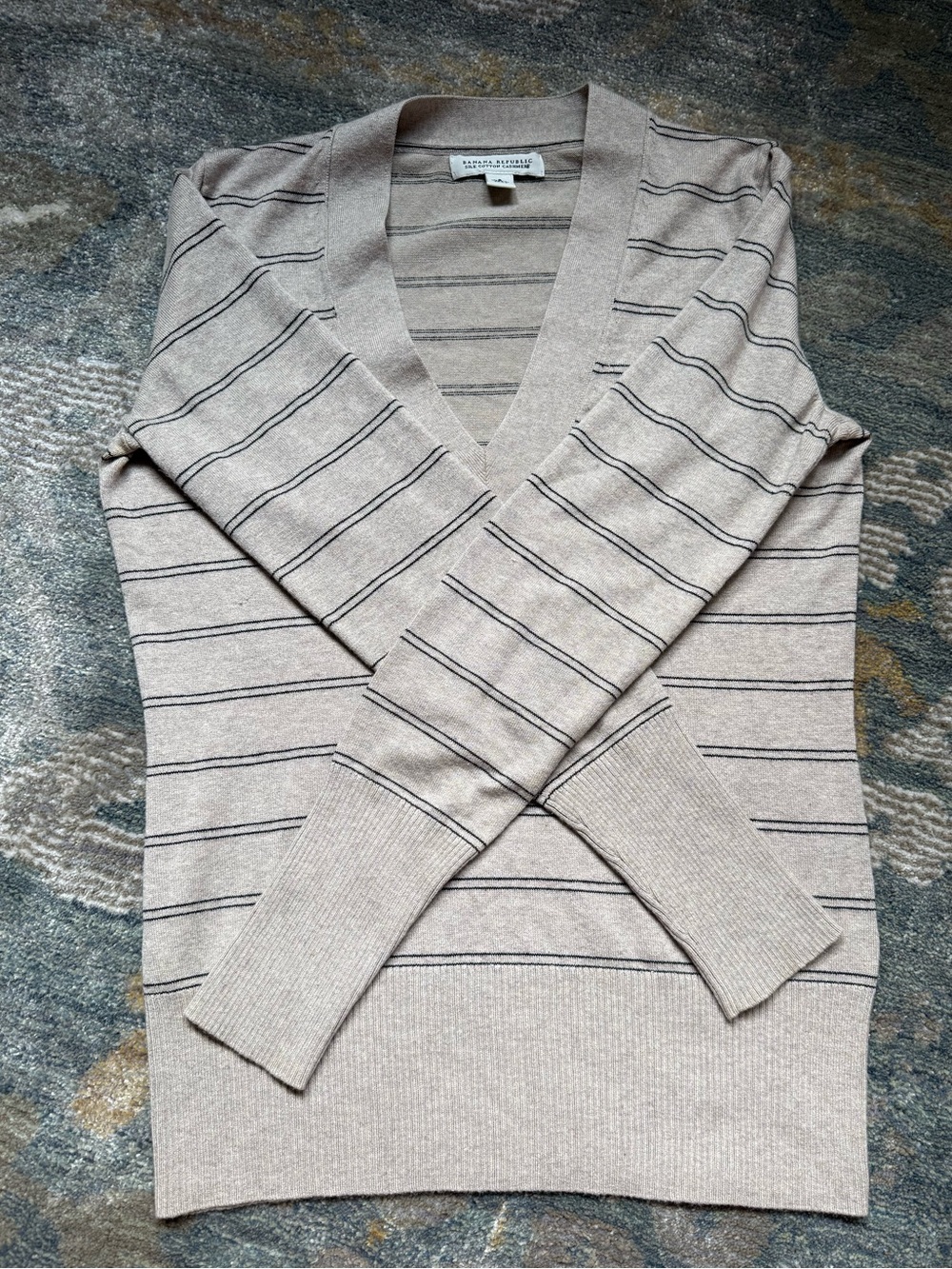 Banana Republic Taupe and Black Striped V-Neck Sweater